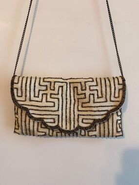 Vintage Hand Crafted Brown and Cream Hand Bag with Metal Chain